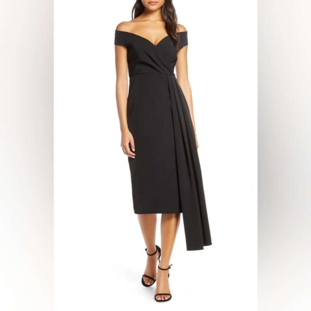 OFF THE SHOULDER ASYMMETRICAL COCKTAIL DRESS IN Black. Eliza J